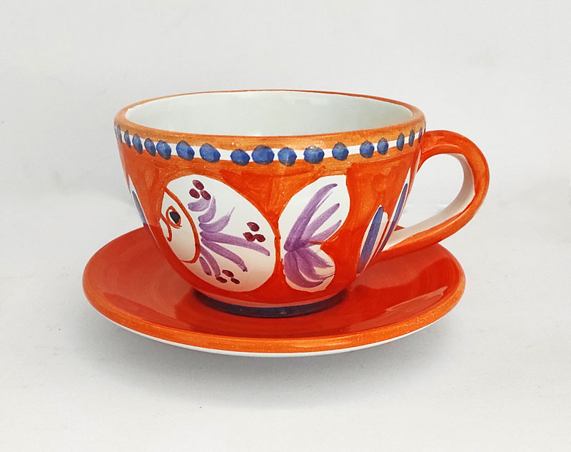 Tazzina da caffè con piattino - Uccelini Arancioni - CERAMICA VIETRESE -  Eccellenza Artigianale Made in Italy